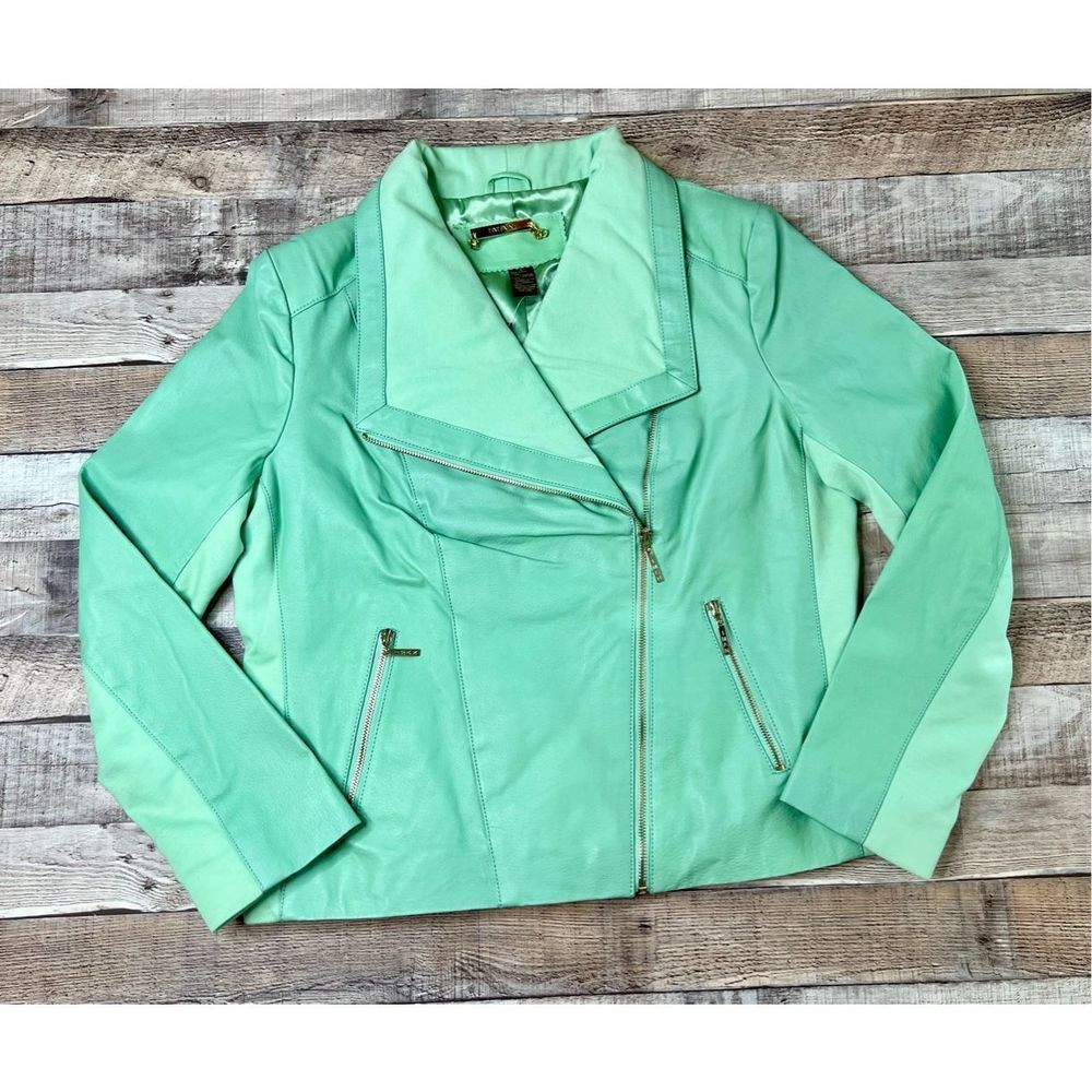 NWT Iman Green Mint Moto Leather Asymmetrical Cropped Jacket sz LARGE